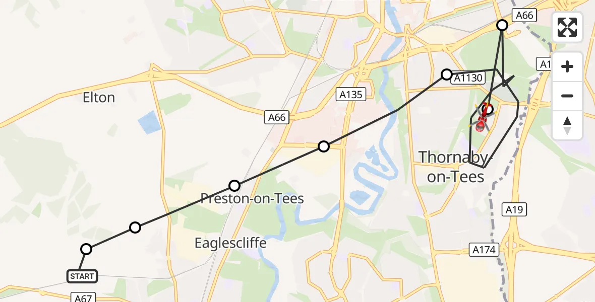 Flight route Air Ambulance Helicopter Egglescliffe - Thornaby-on-Tees, 10 October 2026, 16:25