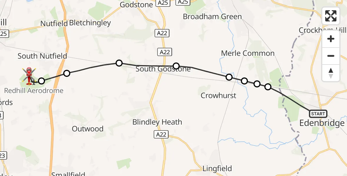 Flight route Air Ambulance Helicopter Edenbridge - Redhill Aerodrome, 10 October 2026, 16:26
