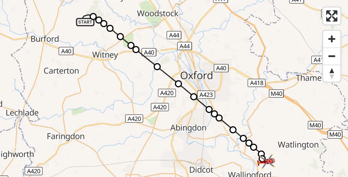 Flight route Air Ambulance Helicopter Leafield - RAF Benson, 10 October 2026, 16:28