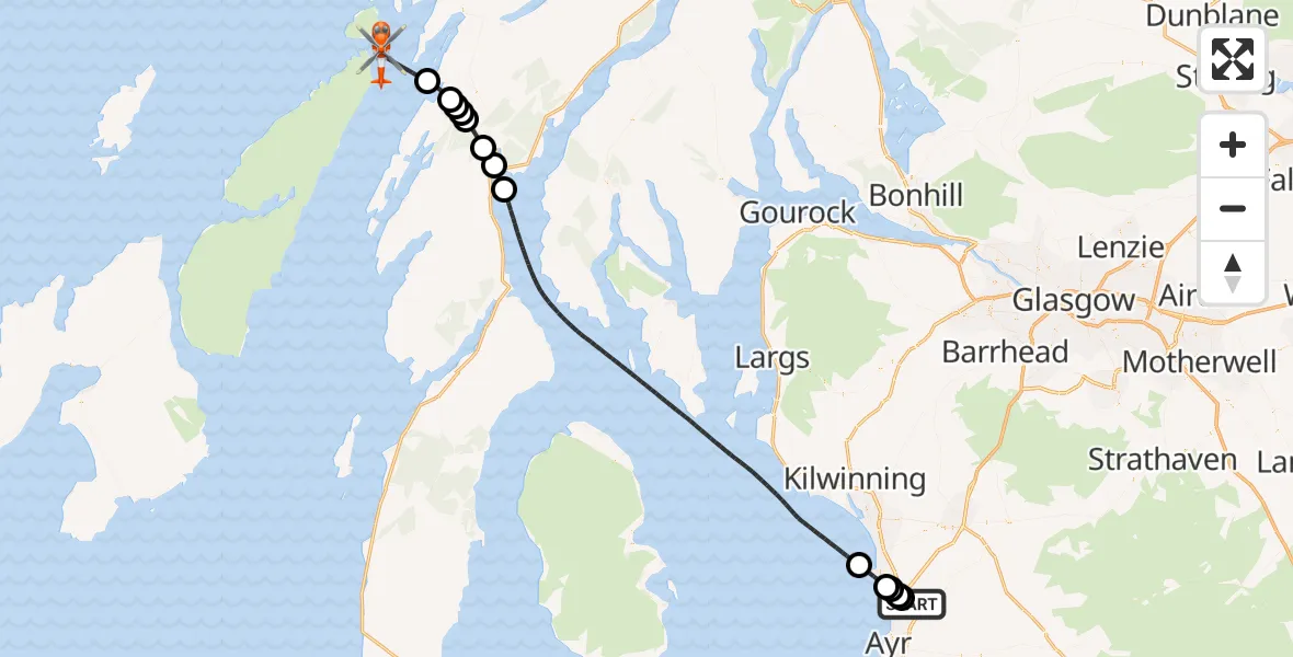 Flight route Coastguard Helicopter Glasgow Prestwick Airport - Inner Seas, 10 October 2026, 16:30