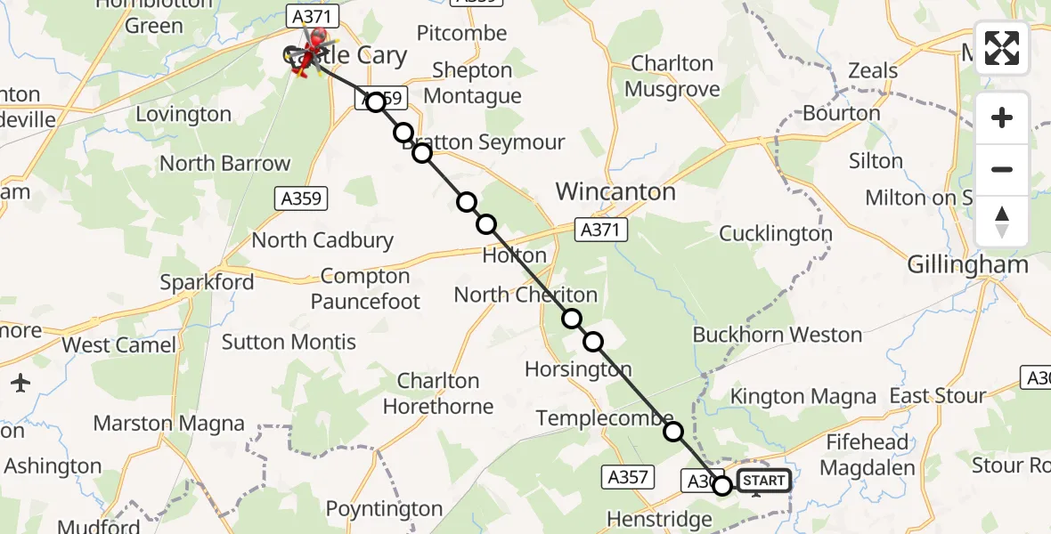 Flight route Air Ambulance Helicopter Henstridge Airfield - Castle Cary, 10 October 2026, 16:31