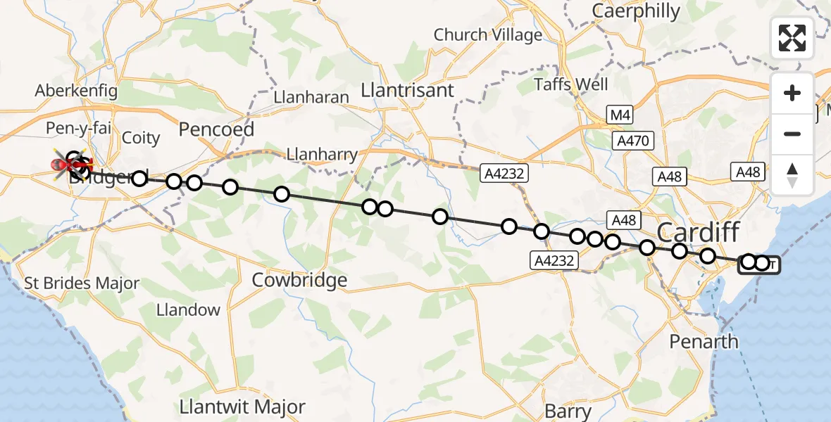 Flight route Air Ambulance Helicopter Cardiff Heliport - Cefn Glas, 10 October 2026, 16:42