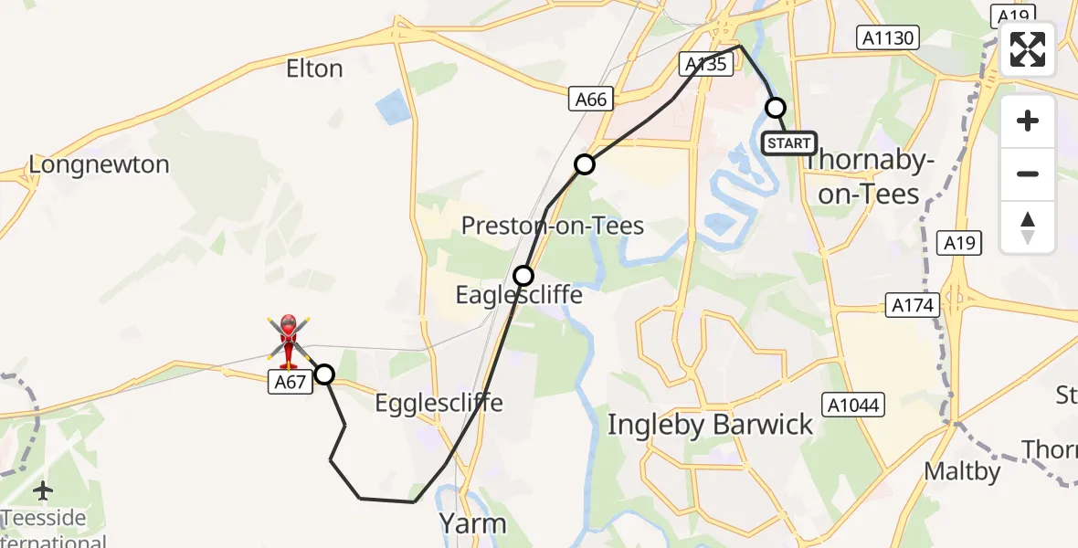 Flight route Air Ambulance Helicopter Thornaby-on-Tees - Egglescliffe, 10 October 2026, 16:46