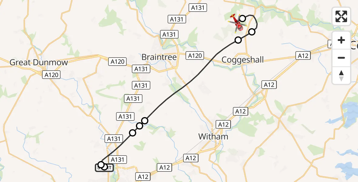 Flight route Air Ambulance Helicopter Broomfield Hospital - Earls Colne Airfield, 10 October 2026, 17:01