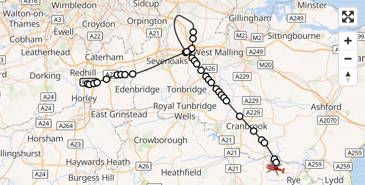 Flight route Air Ambulance Helicopter Redhill Aerodrome - Beckley, 10 October 2026, 17:03