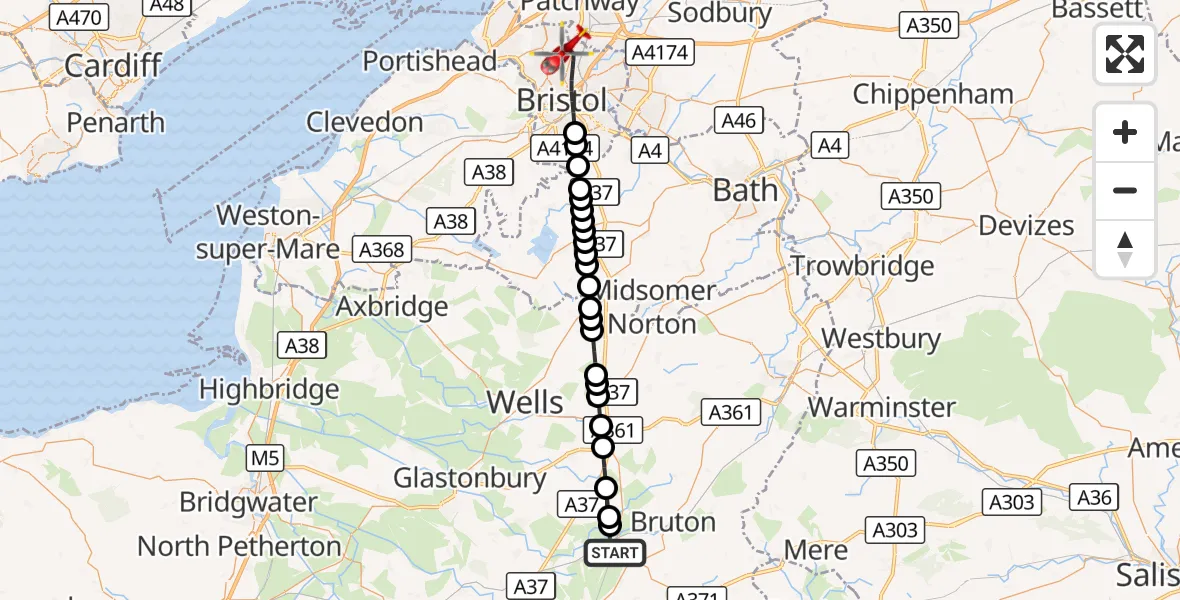 Flight route Air Ambulance Helicopter Castle Cary - Bristol, 10 October 2026, 17:42