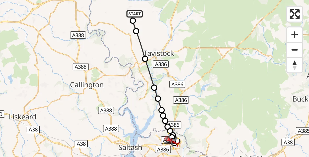 Flight route Air Ambulance Helicopter Chillaton - Derriford Hospital, 10 October 2026, 17:51
