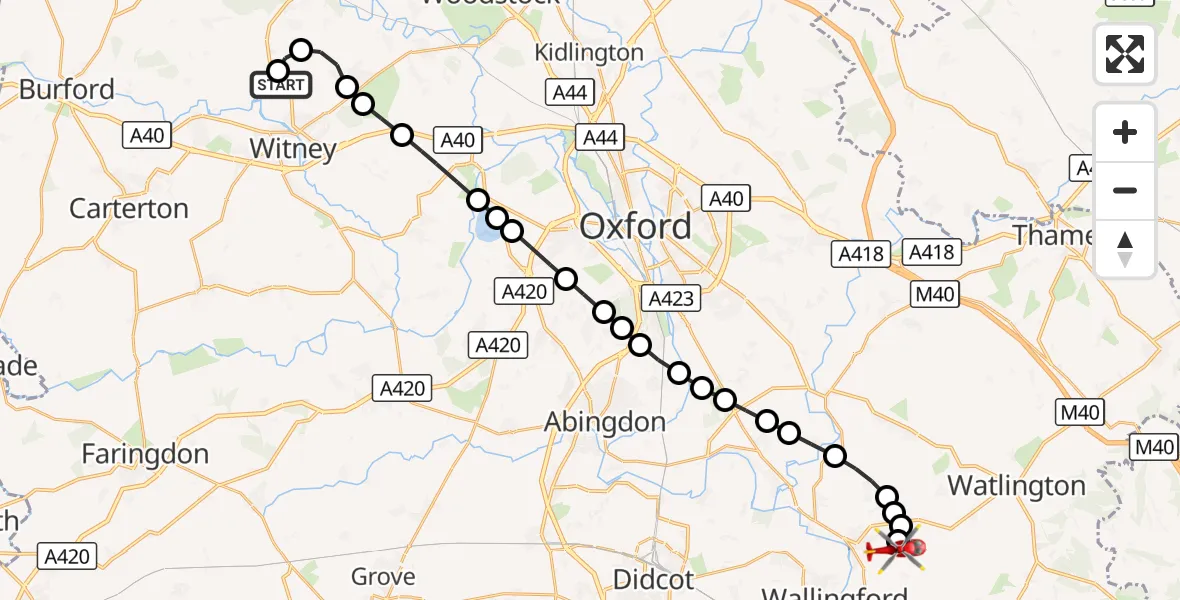 Flight route Air Ambulance Helicopter Hailey - RAF Benson, 10 October 2026, 17:58