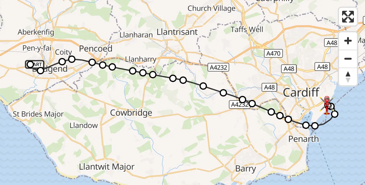 Flight route Air Ambulance Helicopter Cefn Glas - Cardiff Heliport, 10 October 2026, 18:20