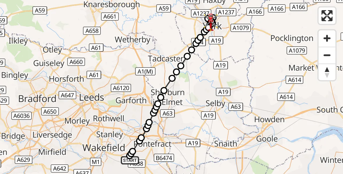 Flight route Air Ambulance Helicopter YAA Nostell Helicopter Port - Clifton, 10 October 2026, 18:22