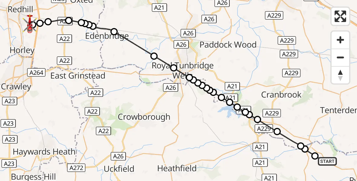 Flight route Air Ambulance Helicopter Beckley - Redhill Aerodrome, 10 October 2026, 18:37