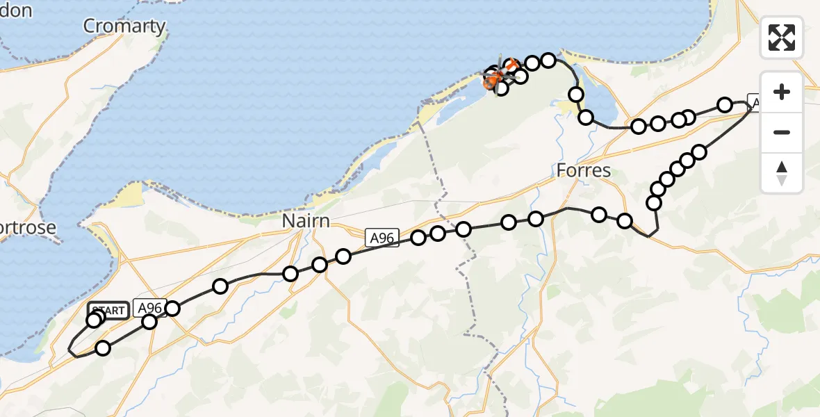Flight route Coastguard Helicopter Inverness Airport - Buckie Loch, 10 October 2026, 18:39