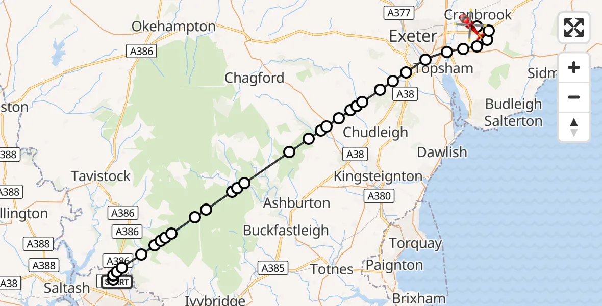 Flight route Air Ambulance Helicopter Derriford Hospital - Exeter International Airport, 10 October 2026, 18:41