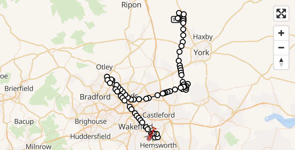 Flight route Air Ambulance Helicopter Alne - YAA Nostell Helicopter Port, 10 October 2026, 19:05