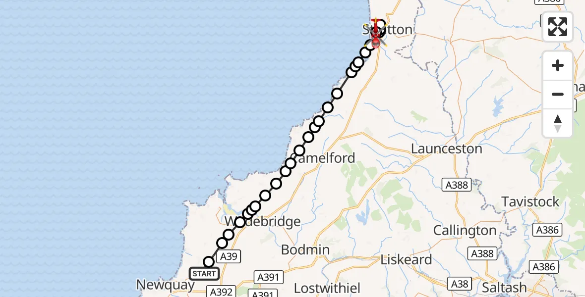 Flight route Air Ambulance Helicopter Cornwall Airport Newquay - Bude, 10 October 2026, 19:28