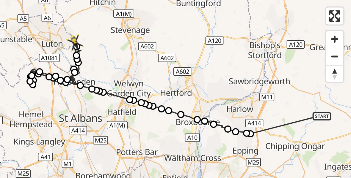 Flight route Police Helicopter Epping Forest - London Luton Airport, 10 October 2026, 19:57