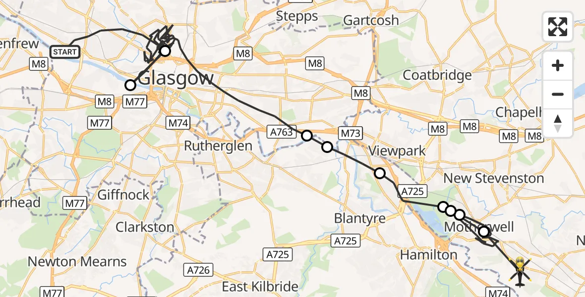 Flight route Police Helicopter Glasgow - Wishaw, 10 October 2026, 20:37