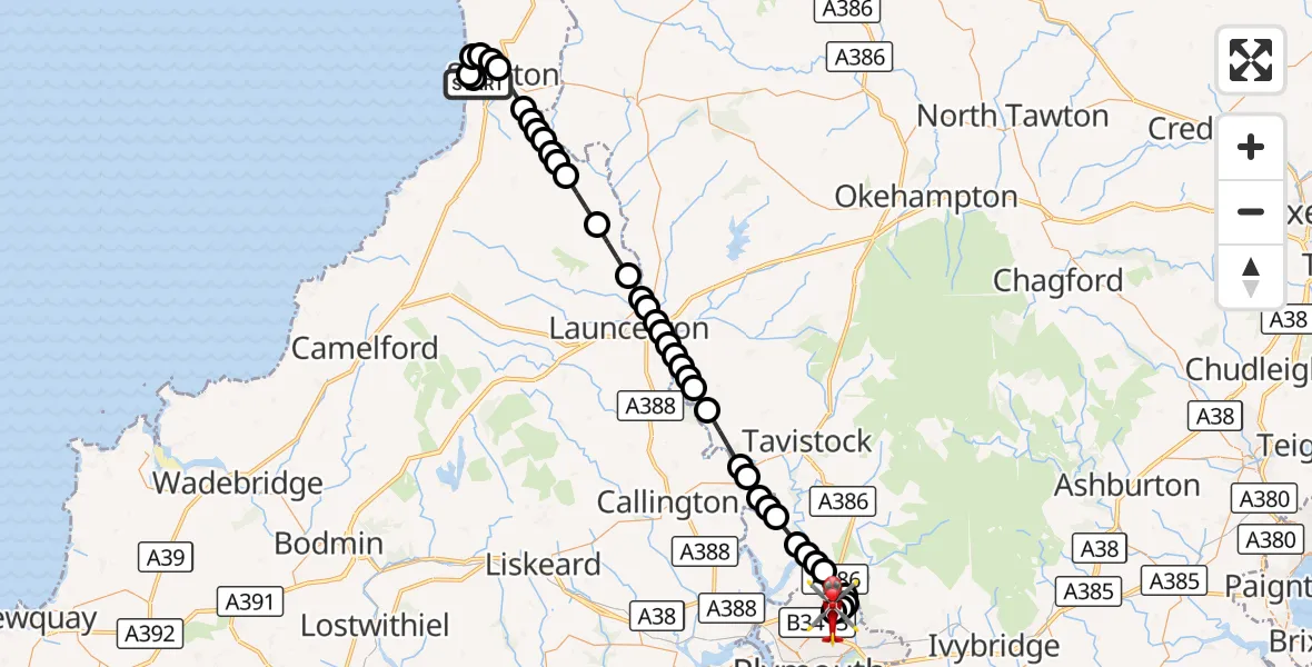Flight route Air Ambulance Helicopter Bude - Derriford Hospital, 10 October 2026, 20:44