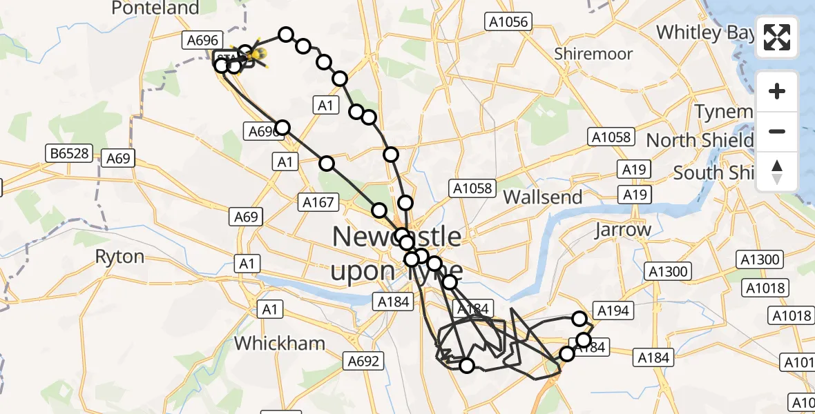 Flight route Police Helicopter Newcastle International Airport - Newcastle International Airport, 10 October 2026, 20:58