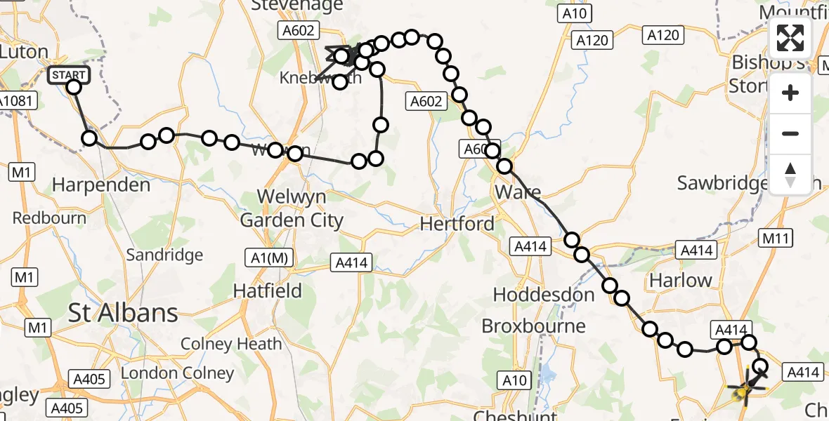 Flight route Police Helicopter London Luton Airport - North Weald Airfield, 10 October 2026, 21:20