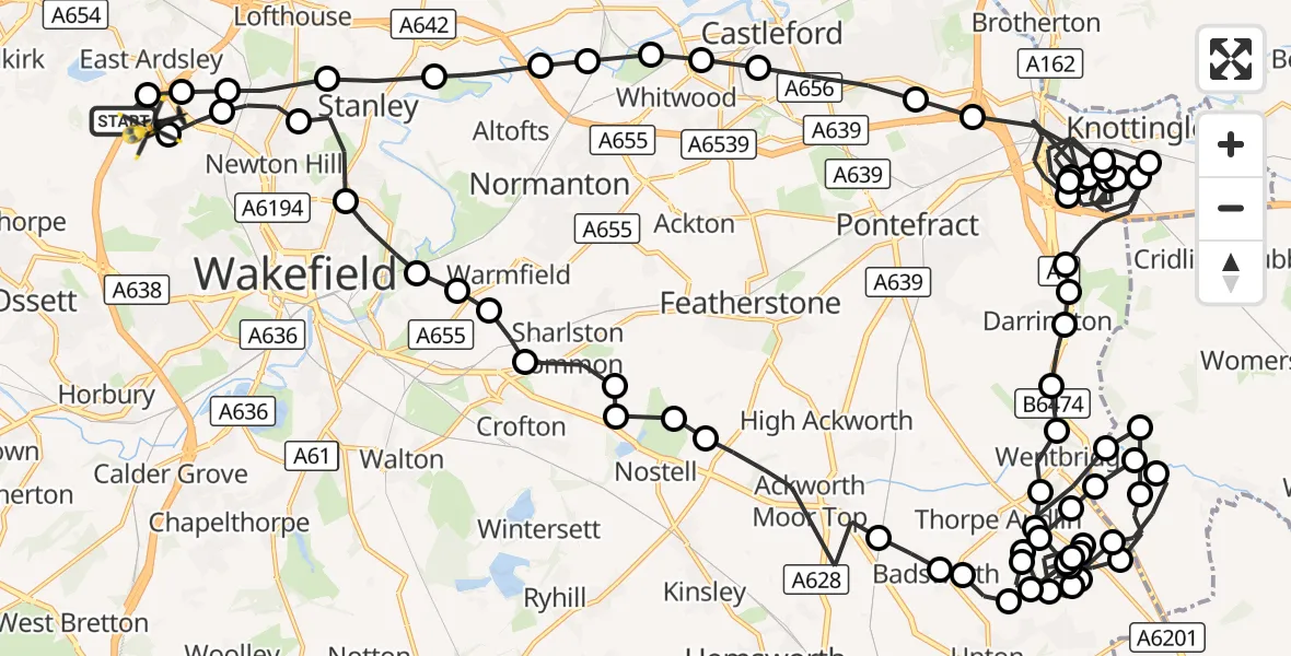 Flight route Police Helicopter East Ardsley - East Ardsley, 10 October 2026, 22:03
