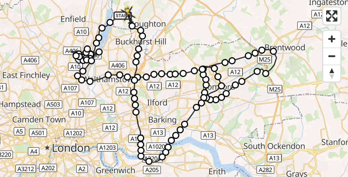 Flight route Police Helicopter Sewardstonebury - Sewardstonebury, 11 October 2026, 00:25