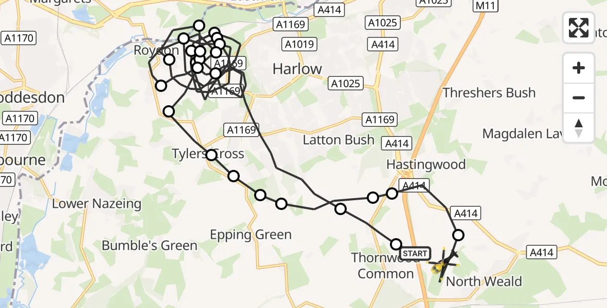 Flight route Police Helicopter North Weald Airfield - North Weald Bassett, 11 October 2026, 01:38