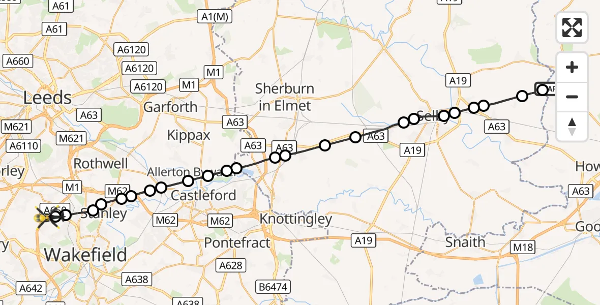 Flight route Police Helicopter Breighton Airfield - East Ardsley, 11 October 2026, 03:29