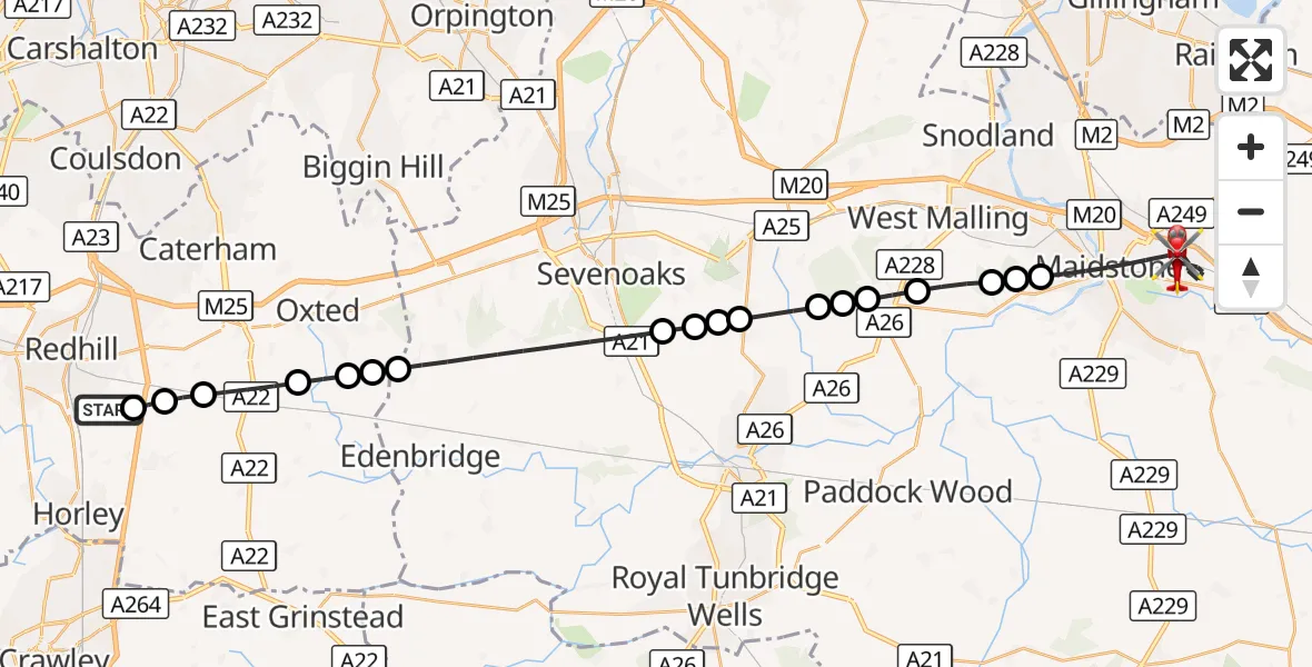Flight route Air Ambulance Helicopter Redhill Aerodrome - Maidstone, 11 October 2026, 07:07