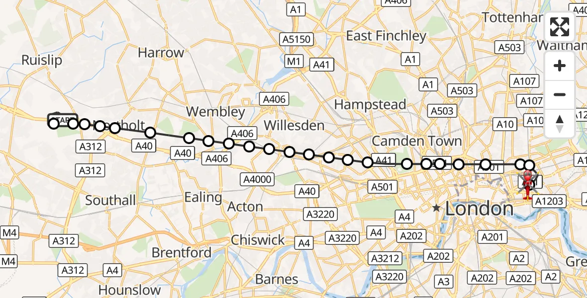 Flight route Air Ambulance Helicopter RAF Northolt - Royal London Hospital, 11 October 2026, 07:08