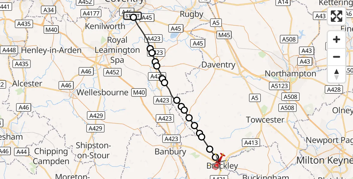 Flight route Air Ambulance Helicopter Coventry Airport - Brackley, 11 October 2026, 07:17
