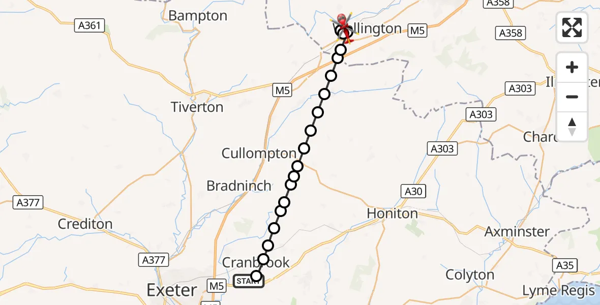 Flight route Air Ambulance Helicopter Exeter International Airport - Wellington, 11 October 2026, 07:30