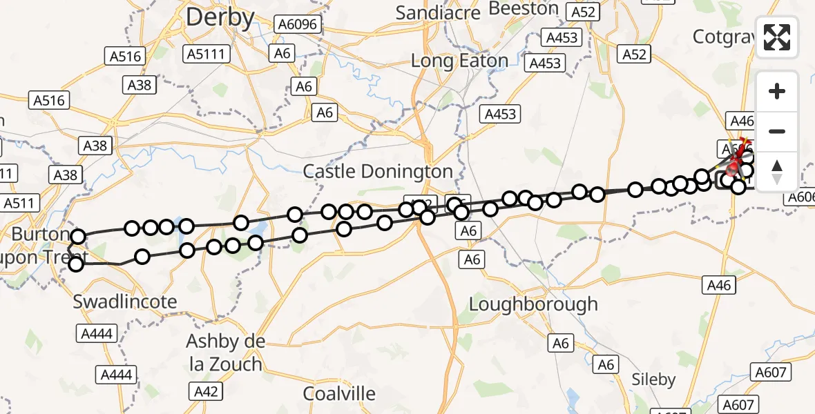 Flight route Air Ambulance Helicopter Nottingham Heliport - Widmerpool, 11 October 2026, 07:35