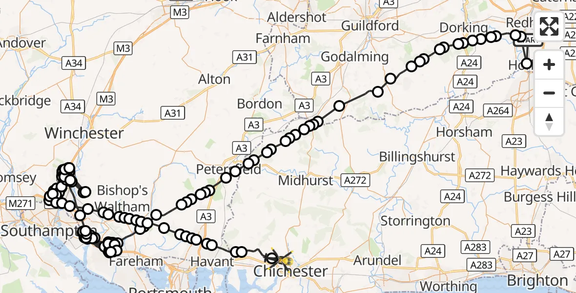 Flight route Police Helicopter Salfords - Chichester, 11 October 2026, 07:37