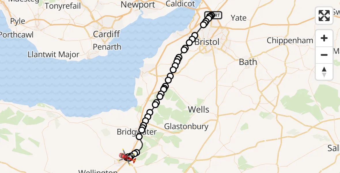 Flight route Air Ambulance Helicopter Almondsbury Helicopter Base - Creech St. Michael, 11 October 2026, 08:01