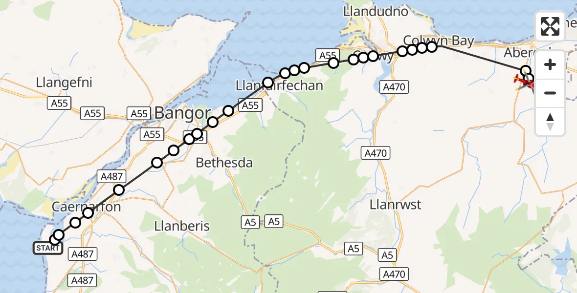 Flight route Air Ambulance Helicopter Caernarfon Airport - Llanfair Talhaiarn, 11 October 2026, 08:14