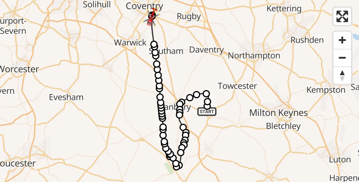Flight route Air Ambulance Helicopter Brackley - Warwick, 11 October 2026, 08:40