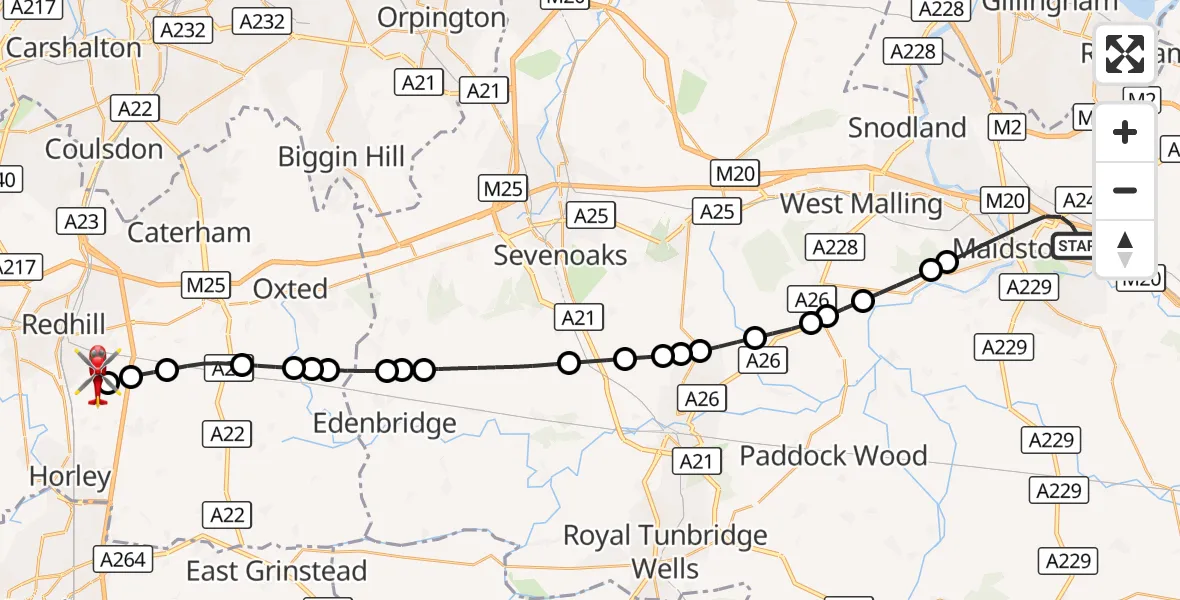 Flight route Air Ambulance Helicopter Maidstone - Redhill Aerodrome, 11 October 2026, 08:46