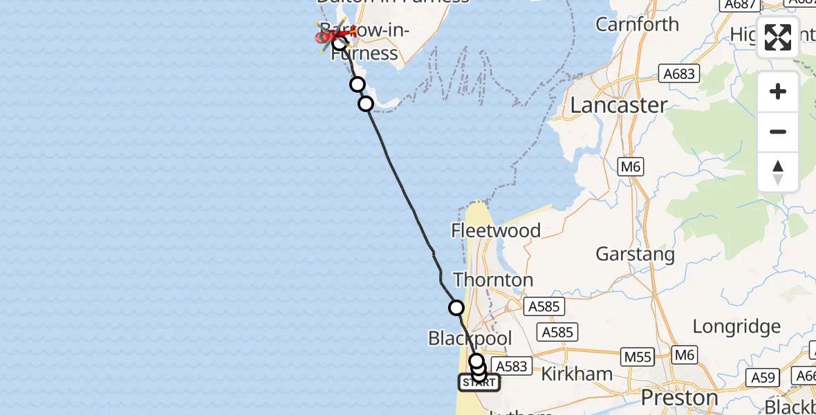 Flight route Air Ambulance Helicopter Blackpool Airport - Barrow Walney Island Airport, 11 October 2026, 08:47