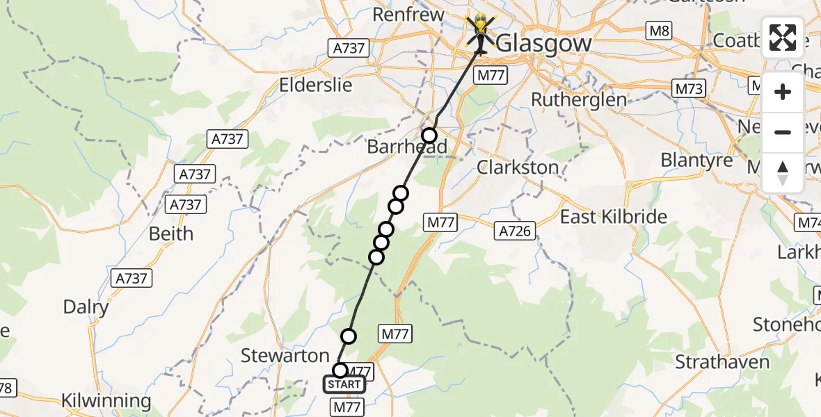 Flight route Police Helicopter Fenwick - Glasgow, 11 October 2026, 08:50