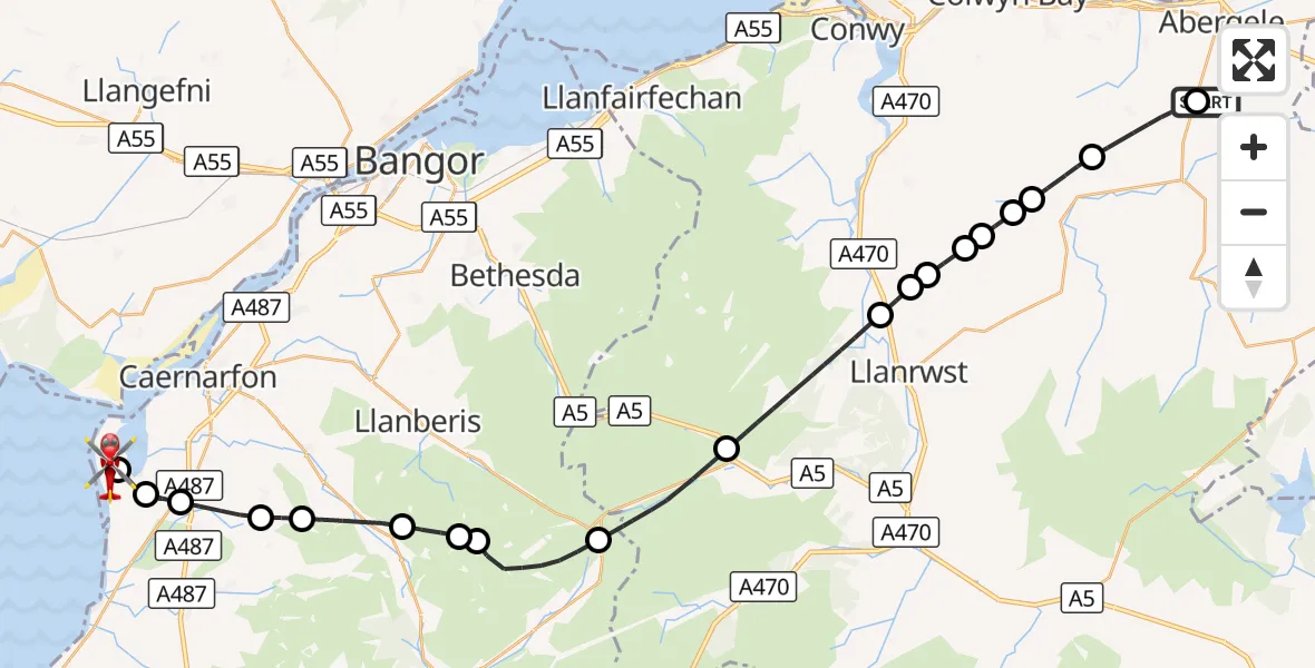 Flight route Air Ambulance Helicopter Llanfair Talhaiarn - Caernarfon Airport, 11 October 2026, 08:58