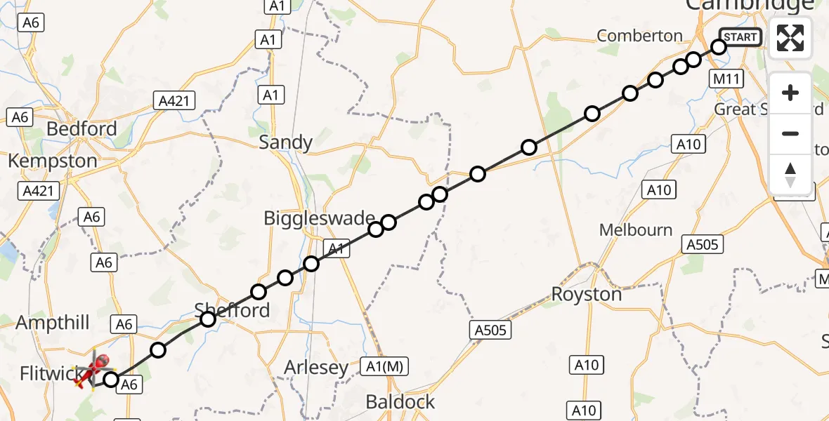Flight route Air Ambulance Helicopter Cambridge - Flitton, 11 October 2026, 09:29