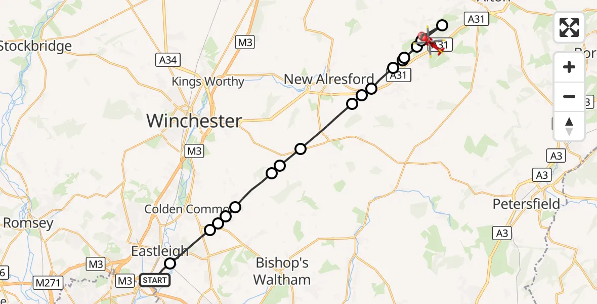 Flight route Air Ambulance Helicopter Southampton Airport - Medstead, 11 October 2026, 09:32