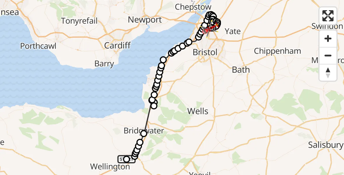 Flight route Air Ambulance Helicopter Musgrove Hospital - Almondsbury Helicopter Base, 11 October 2026, 09:36