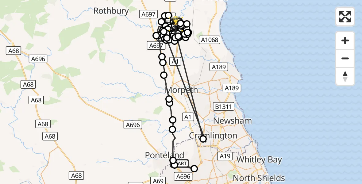Flight route Police Helicopter Newcastle International Airport - Eshott Airfield, 11 October 2026, 09:48