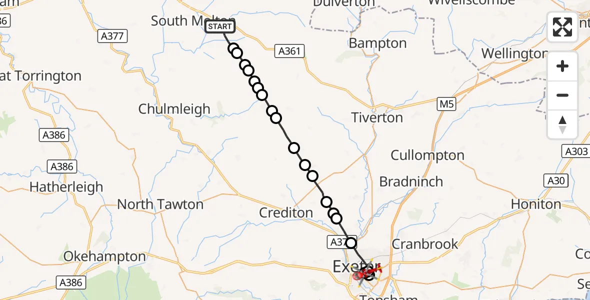 Flight route Air Ambulance Helicopter Bishops Nympton - Royal Devon & Exeter Hospital, 11 October 2026, 09:48