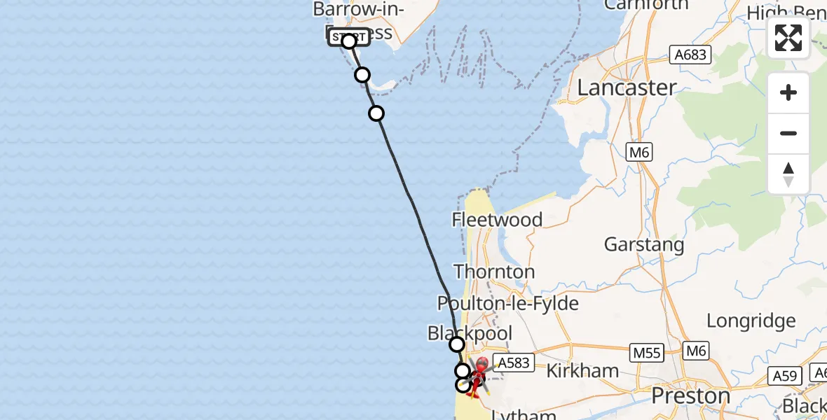 Flight route Air Ambulance Helicopter Barrow-in-Furness - Blackpool Airport, 11 October 2026, 09:50