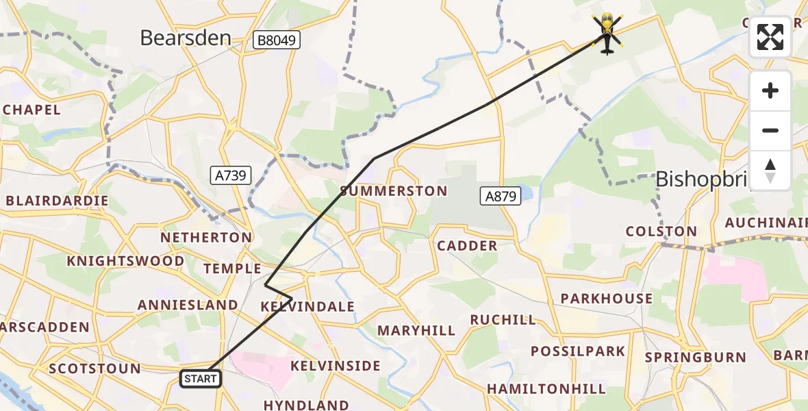 Flight route Police Helicopter Glasgow - Bishopbriggs, 11 October 2026, 09:56