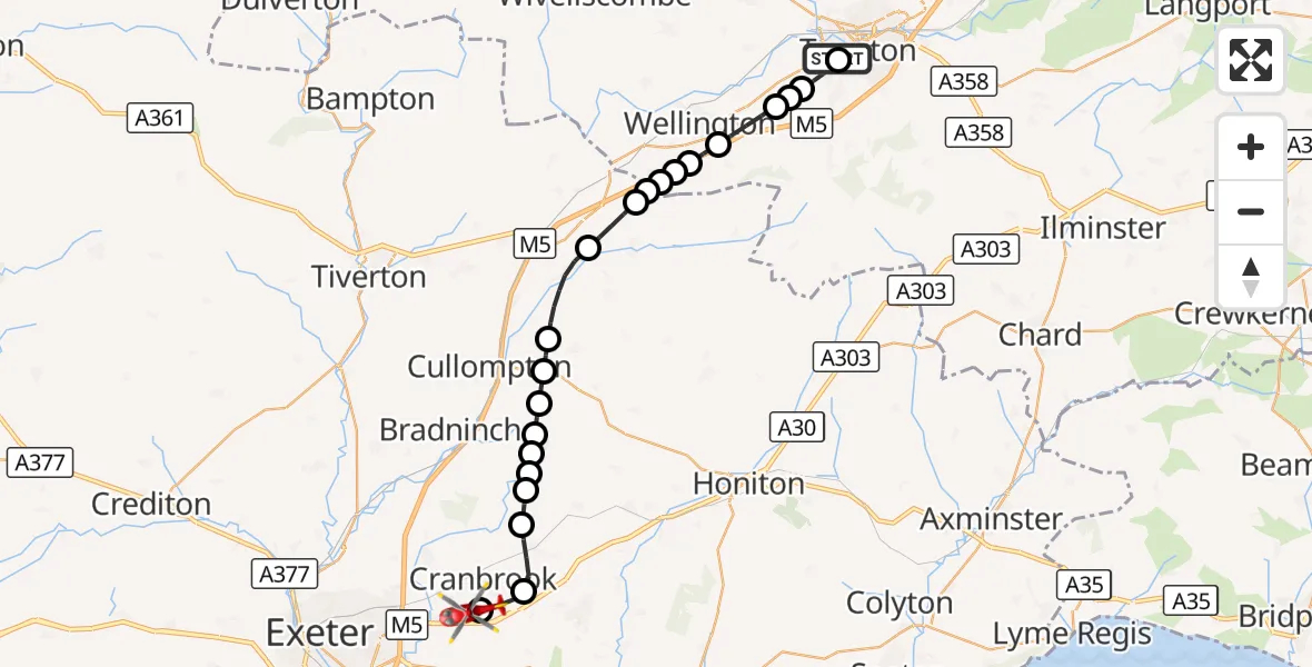 Flight route Air Ambulance Helicopter Musgrove Hospital - Exeter International Airport, 11 October 2026, 09:59