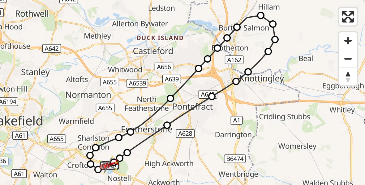 Flight route Air Ambulance Helicopter YAA Nostell Helicopter Port - YAA Nostell Helicopter Port, 11 October 2026, 09:59